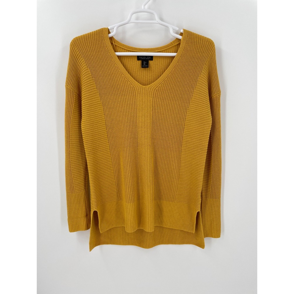 Rachel Zoe Mustard Yellow Textured Knit V Neck Sweater Cotton Blend Women's L